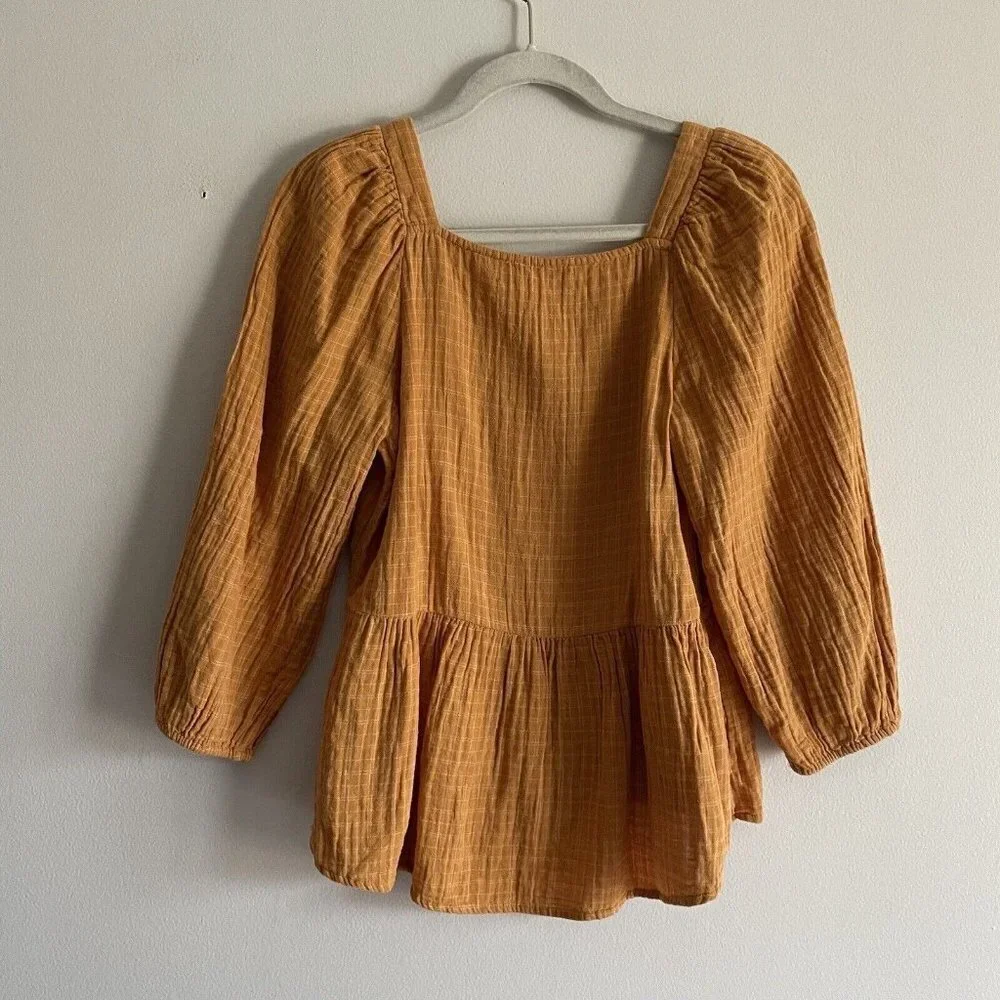 Madewell Women XS Gold Windowpane Lightspun Millbrook Puff-Sleeve Peplum Top - Picture 9 of 9